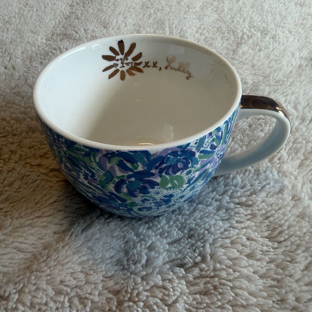 Lilly Pulitzer Floral Coffee Mug Tea Cup Blue Gold Ceramic 12oz